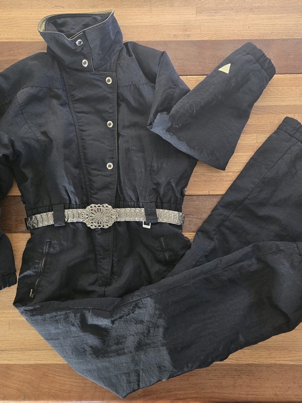 Fera Skiwear Vintage Ski Suit Womens Sz 10 One Piece Snowsuit Belted Aztec Black
